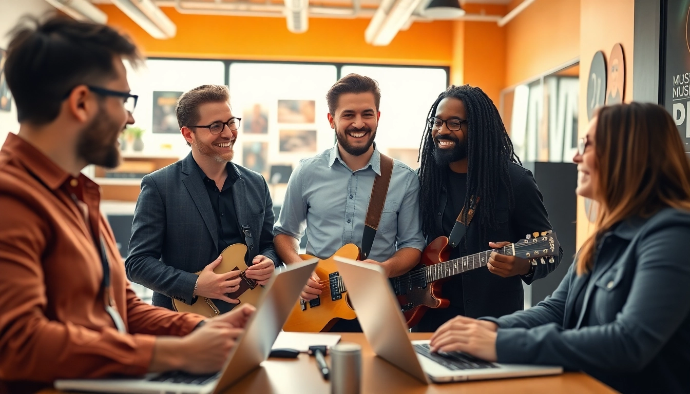 Engaged musicians discussing strategies with Music PR Firms in a bright and modern workspace.