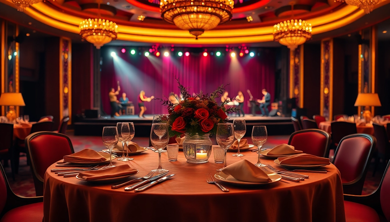Experience las vegas dinner shows with an elegant dining setup showcasing vibrant decor and performers.