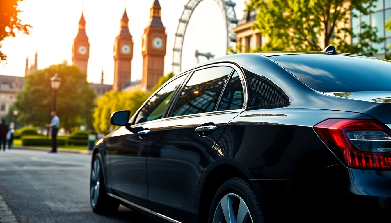Experience chauffeur service london with a luxurious black car against a vibrant city backdrop.