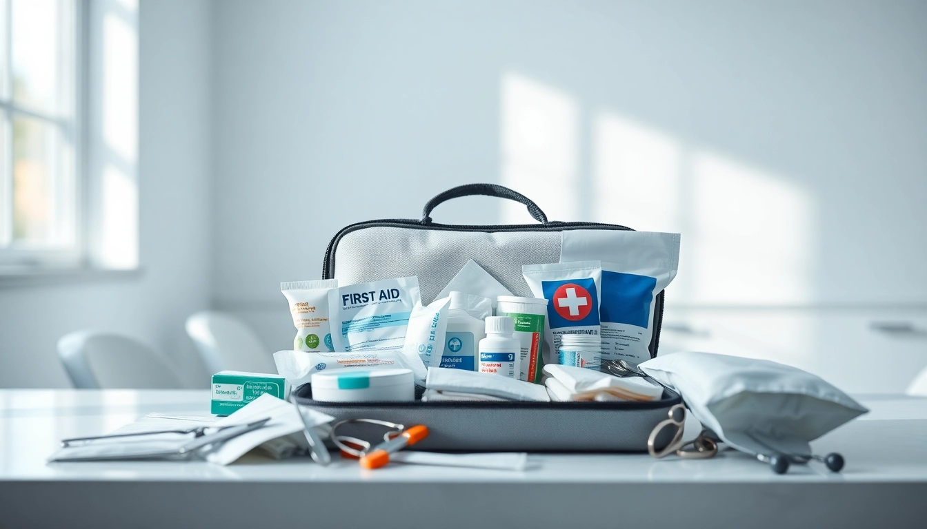 First Aid kit displayed with essential supplies in a bright, clean environment.
