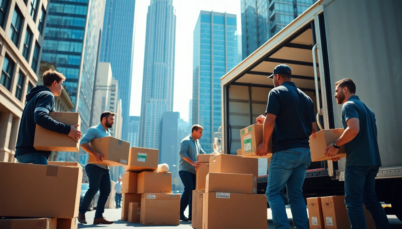 Efficient team of cheap movers nyc packing items into a truck under bright urban sunlight.