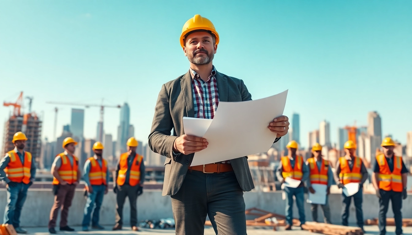 Manhattan General Contractor supervising a bustling construction site with city skyline backdrop.