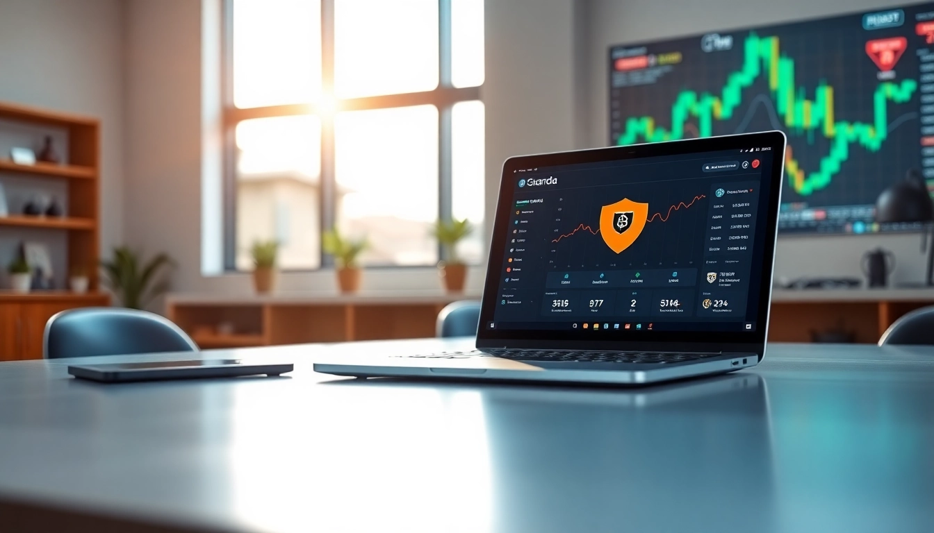 Showcase guarda wallet on a modern desk with a sleek laptop and crypto charts.