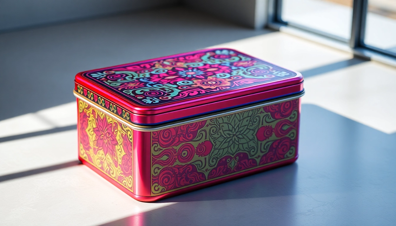 Explore a stylish custom tin box featuring unique designs and vibrant colors for brand packaging.