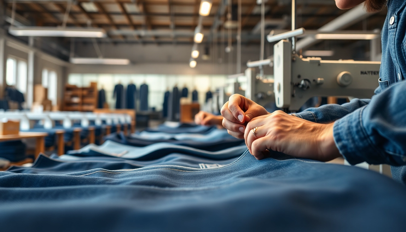 Artisans at jeans factory manufacturers showcase craftsmanship in denim production.