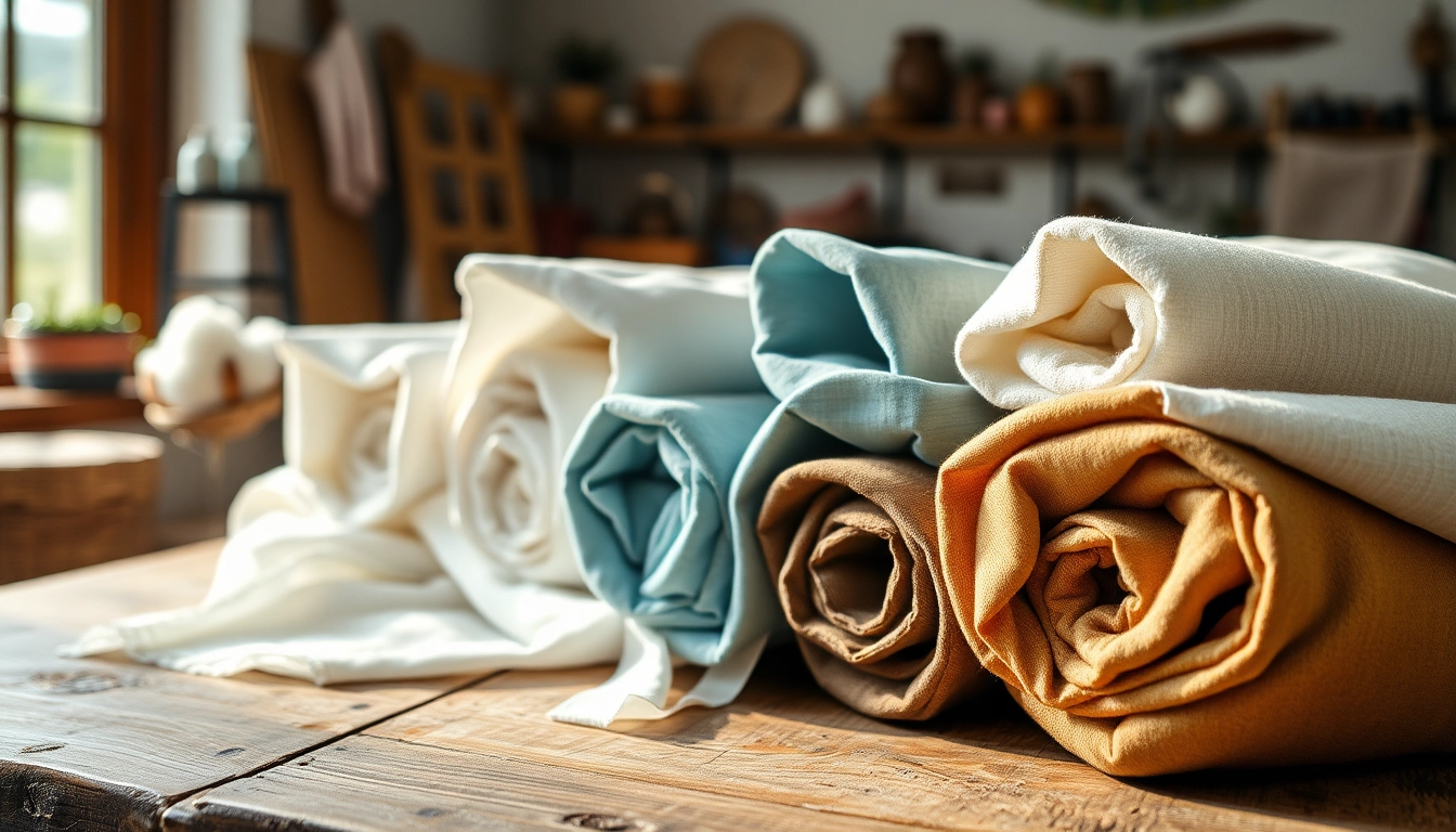 Katoen stoffen met verschillende texturen en kleuren op een rustieke houten tafel.