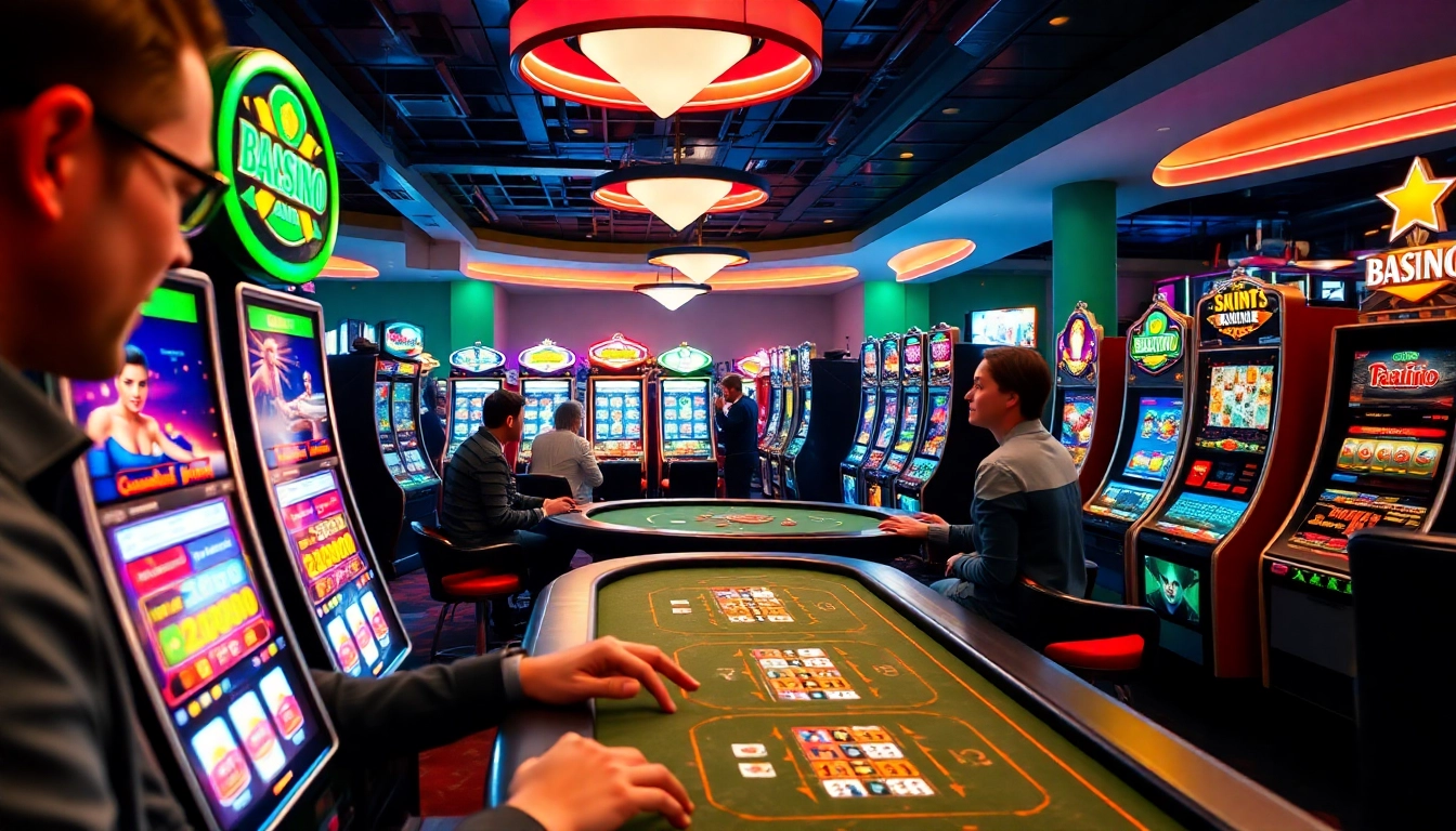 Jouez dans un casino en ligne sans argent avec des machines à sous brillantes et des tables de jeux.