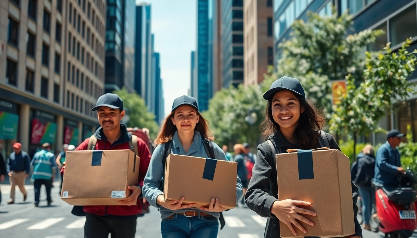 Showcase courier services with delivery personnel in a bustling urban environment, symbolizing efficiency and reliability.