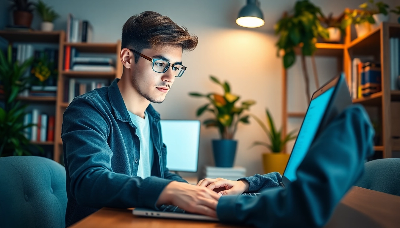 WordPress developer near me focused on coding in a vibrant office setting.