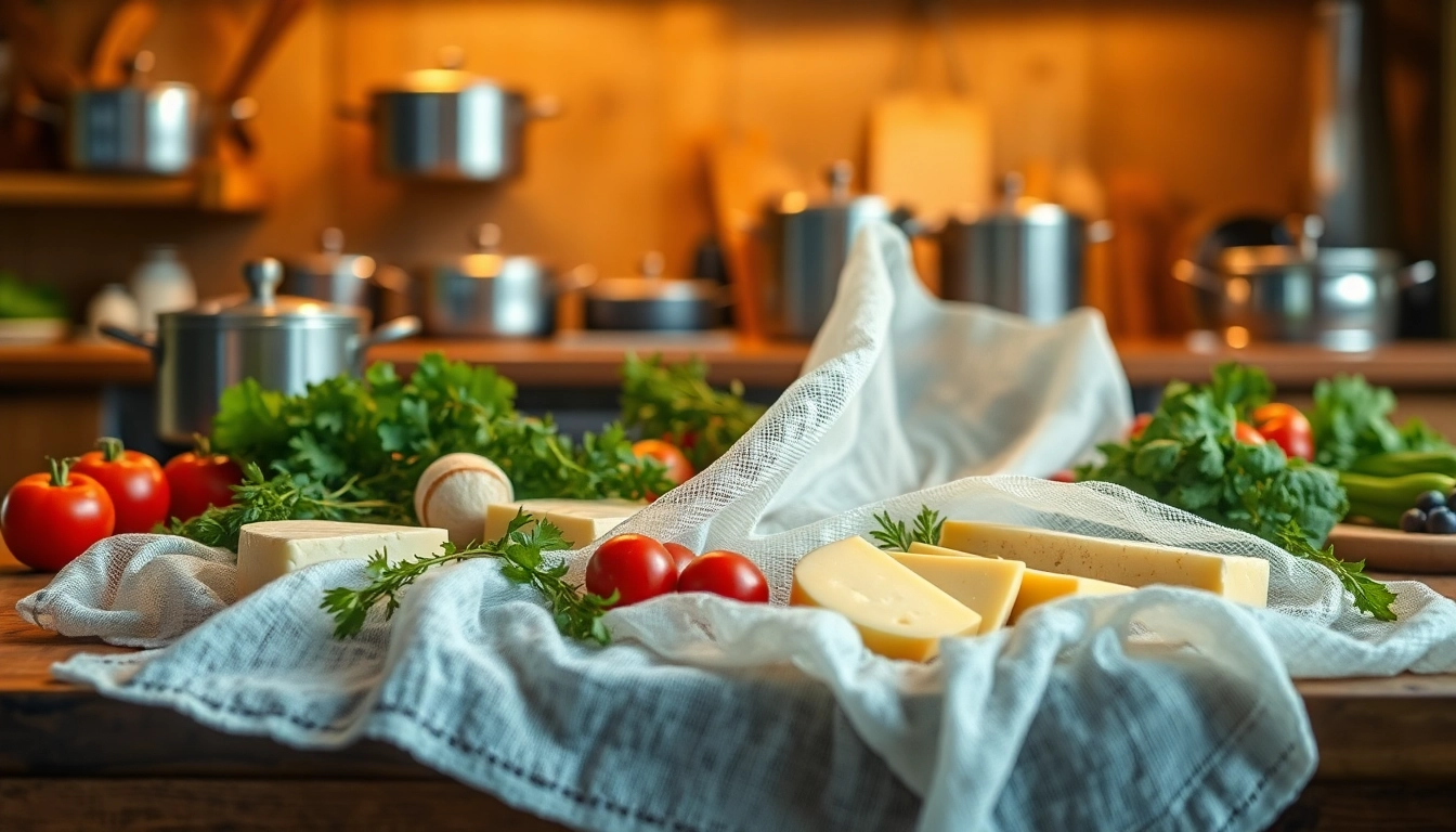 Kaasdoek gebruikt voor het uitlekken van verse kaas op een rustieke tafel.