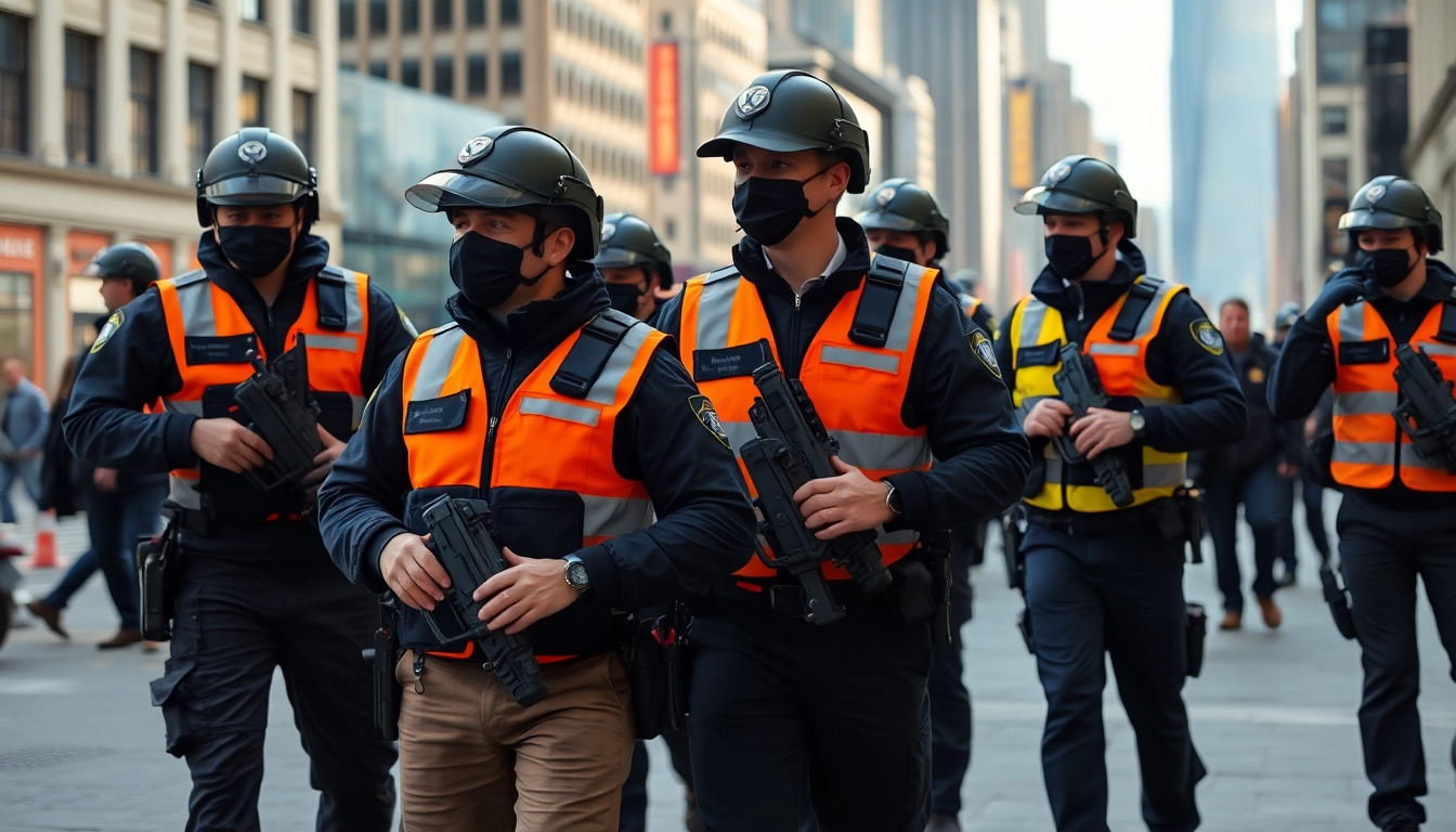 Response team coordinating efficiently in an urban environment with emergency gear.