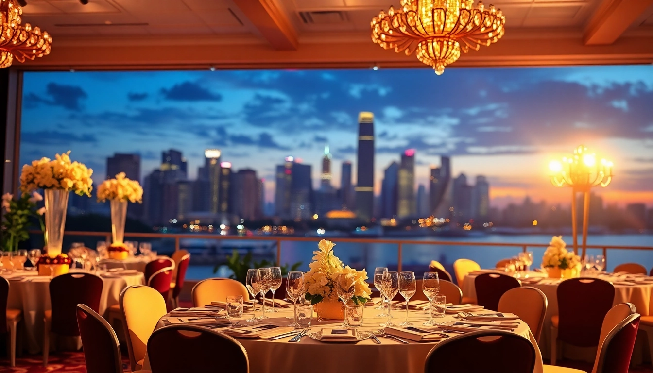 Gala event organizer Singapore coordinating an elegant venue with luxuriant decor and vibrant ambiance.