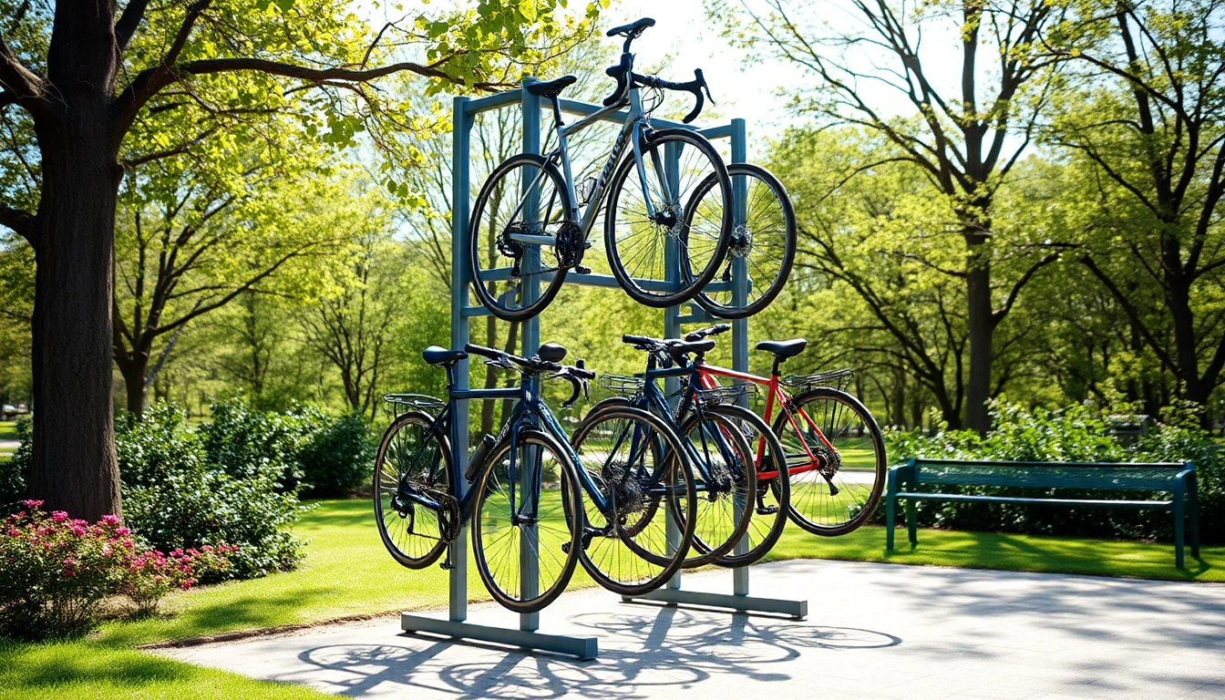 Showcasing a vertical bike rack holding various bikes in a scenic park setting.