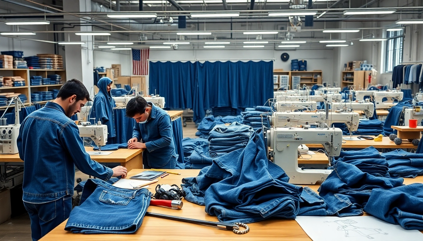 Showcase of jeans factory manufacturers crafting custom denim in a vibrant workshop environment.