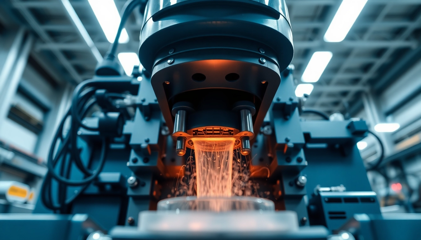 Plastic injection molding machine efficiently producing precise components in a modern factory setting.