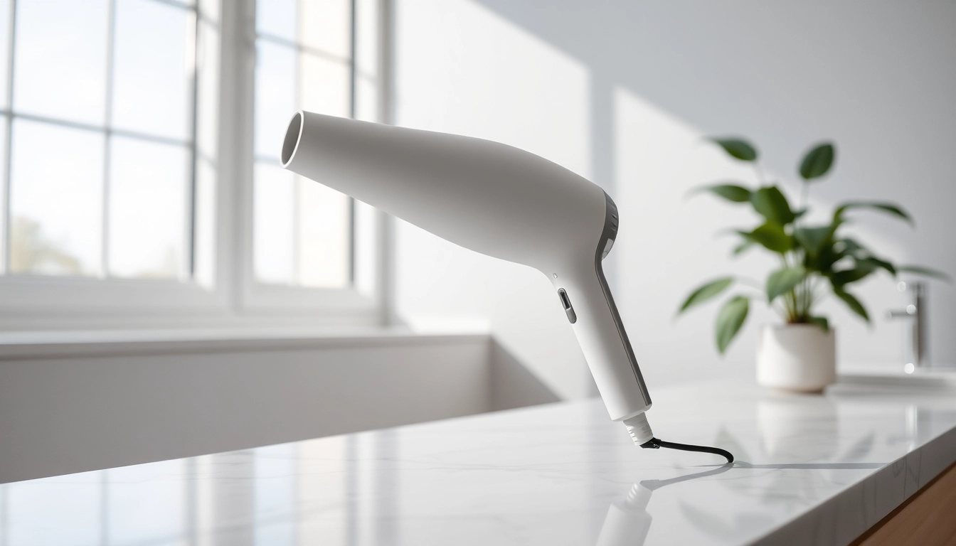 Best blow dryer elegantly positioned against a modern bathroom backdrop, showcasing its sleek design.