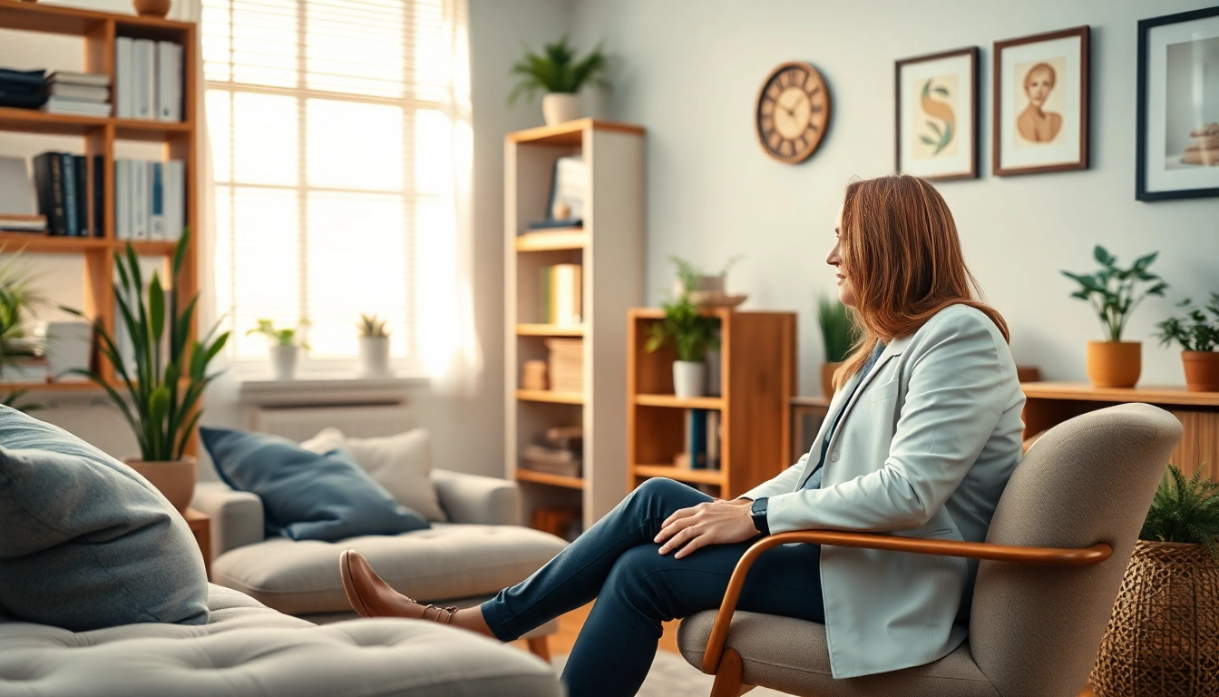 Psychologist engaging with a client in a calm, inviting office setting.
