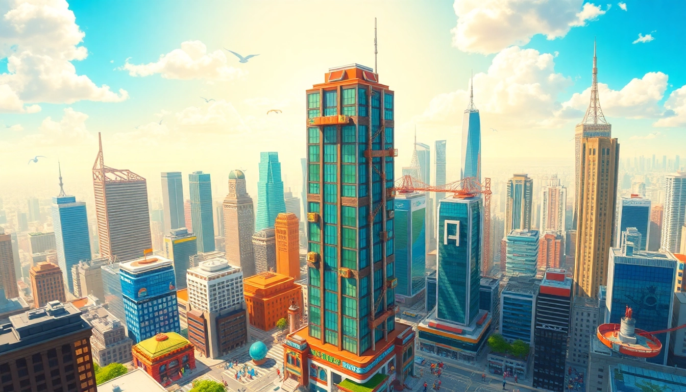 Play Sim Tower game featuring a vibrant urban cityscape with diverse characters and animated buildings.