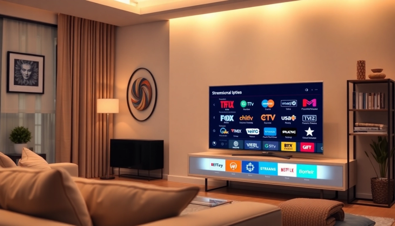 Regardez le Code iptv gratuit sur un téléviseur moderne dans un salon élégant.