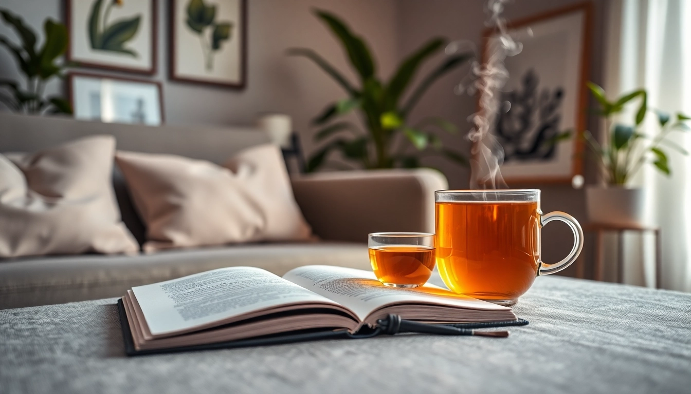 Showcasing a therapy session setup for anxiety with a peaceful environment and mindful elements.