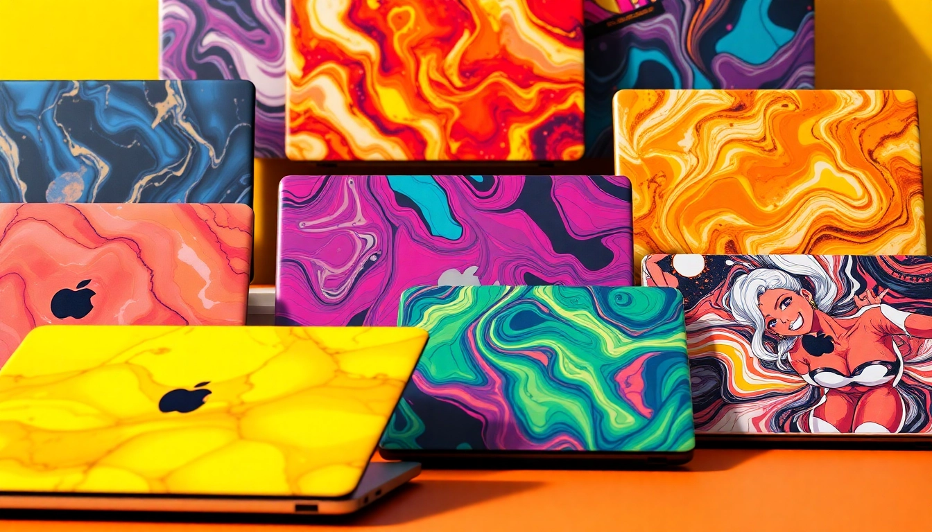 Showcase of stylish laptop skins with vibrant designs, showcasing modern aesthetics.