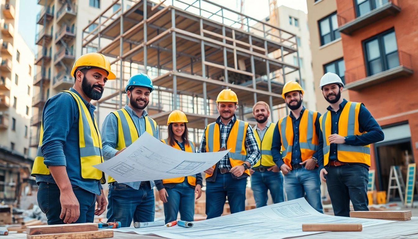 New Jersey General Contractor team actively collaborating on a construction project with blueprints.