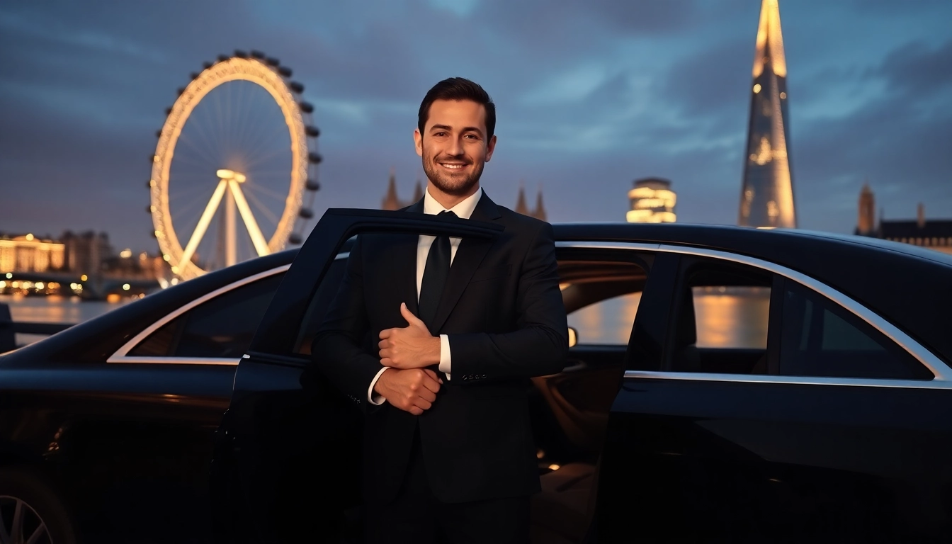 Experience top-notch chauffeur hire london with a professional driver welcoming clients beside a luxury car.