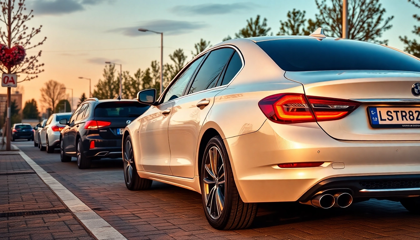 Garsiakalbiai automobiliui, įdėti į modernaus automobilio interjerą, ryškiai apšviesti.