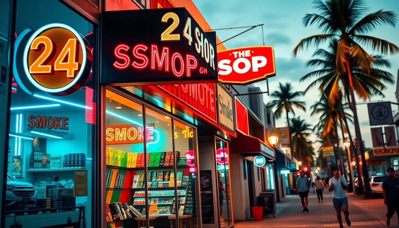 Find your favorite products at 24 Hour Smoke Shop near me Miami, with bustling storefront and vibrant atmosphere.