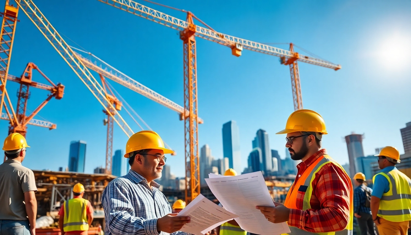 Austin construction site showcasing teamwork and modern skyscrapers under blue sky.