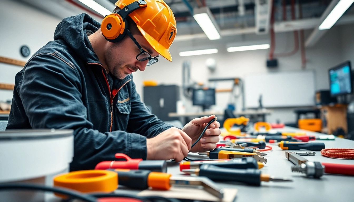 Hands-on training at an electrician trade school Colorado with focused electrician and tools.