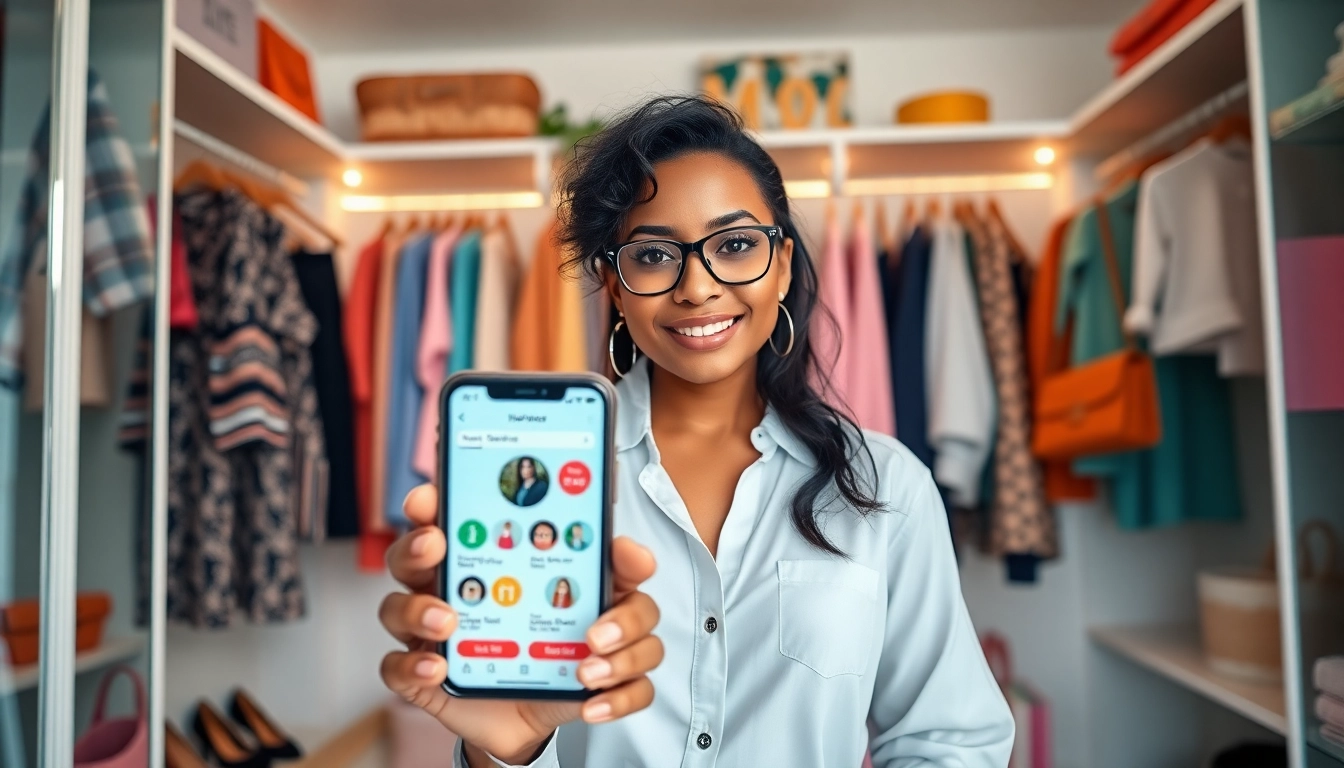 Showcase of the best closet app with a smartphone interface in a stylish closet.