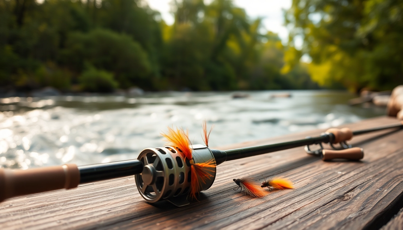 Setting up a Fly fishing combo with vibrant flies and gear, close-up on table setting.