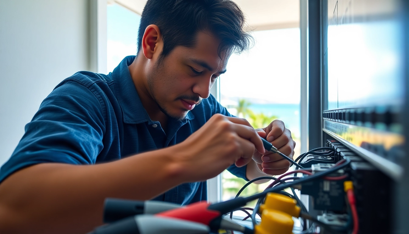 Electrician apprenticeship Hawaii apprentice connecting wires in a bright residential setting.