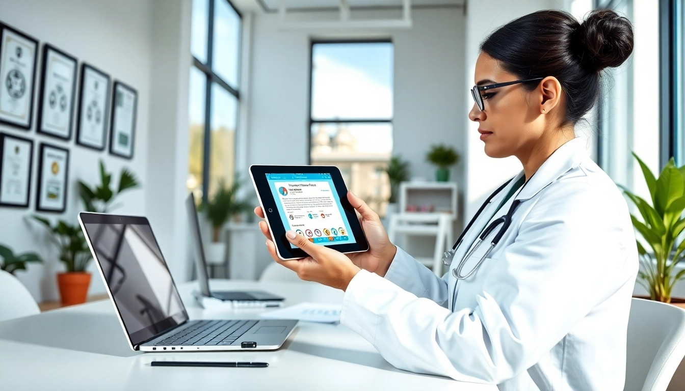 Explore top rated prescription applications displayed on a tablet in a modern healthcare office.