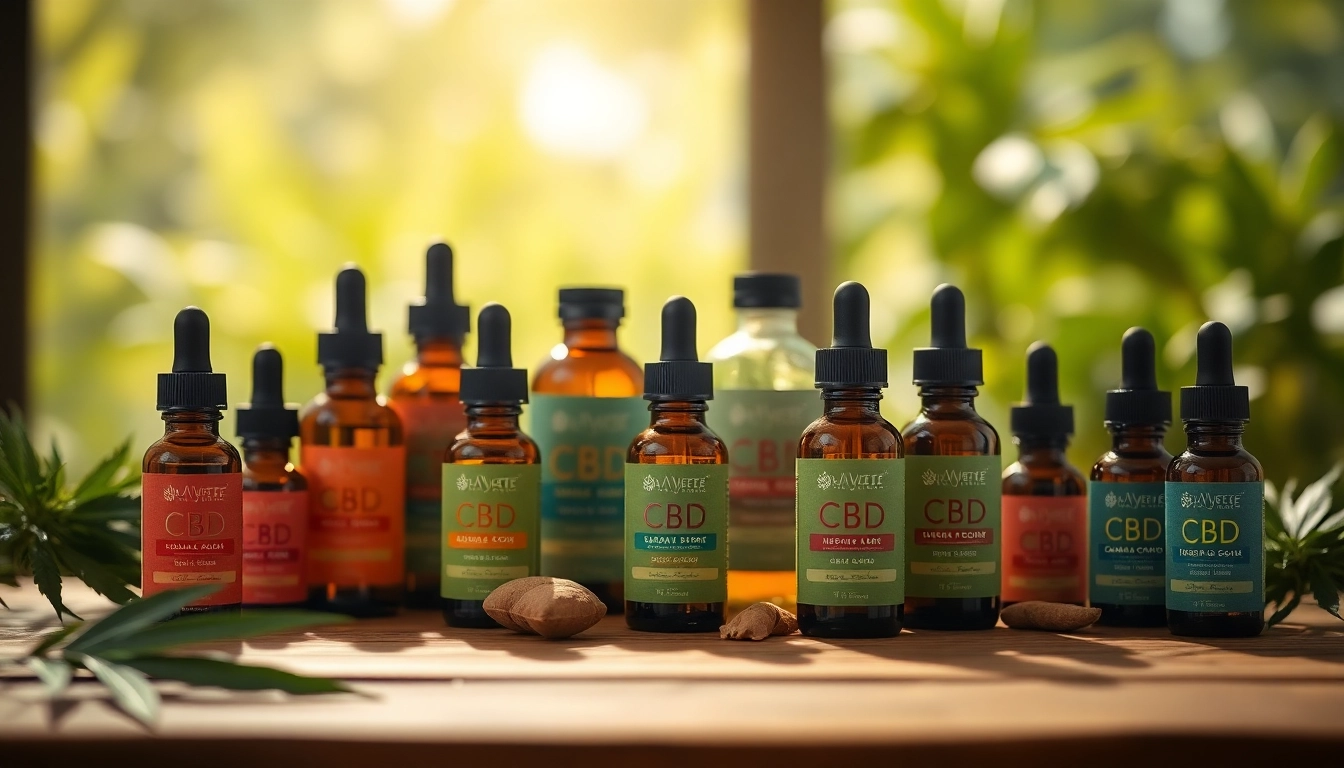 Showcasing colorful CBD UK products elegantly arranged on a wooden table with natural elements.