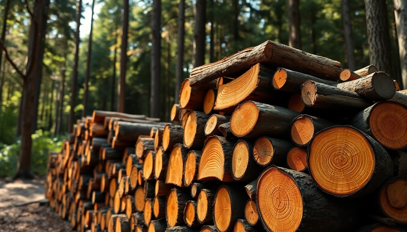 Firewood stacked beautifully in a lush forest landscape, showcasing its natural texture.