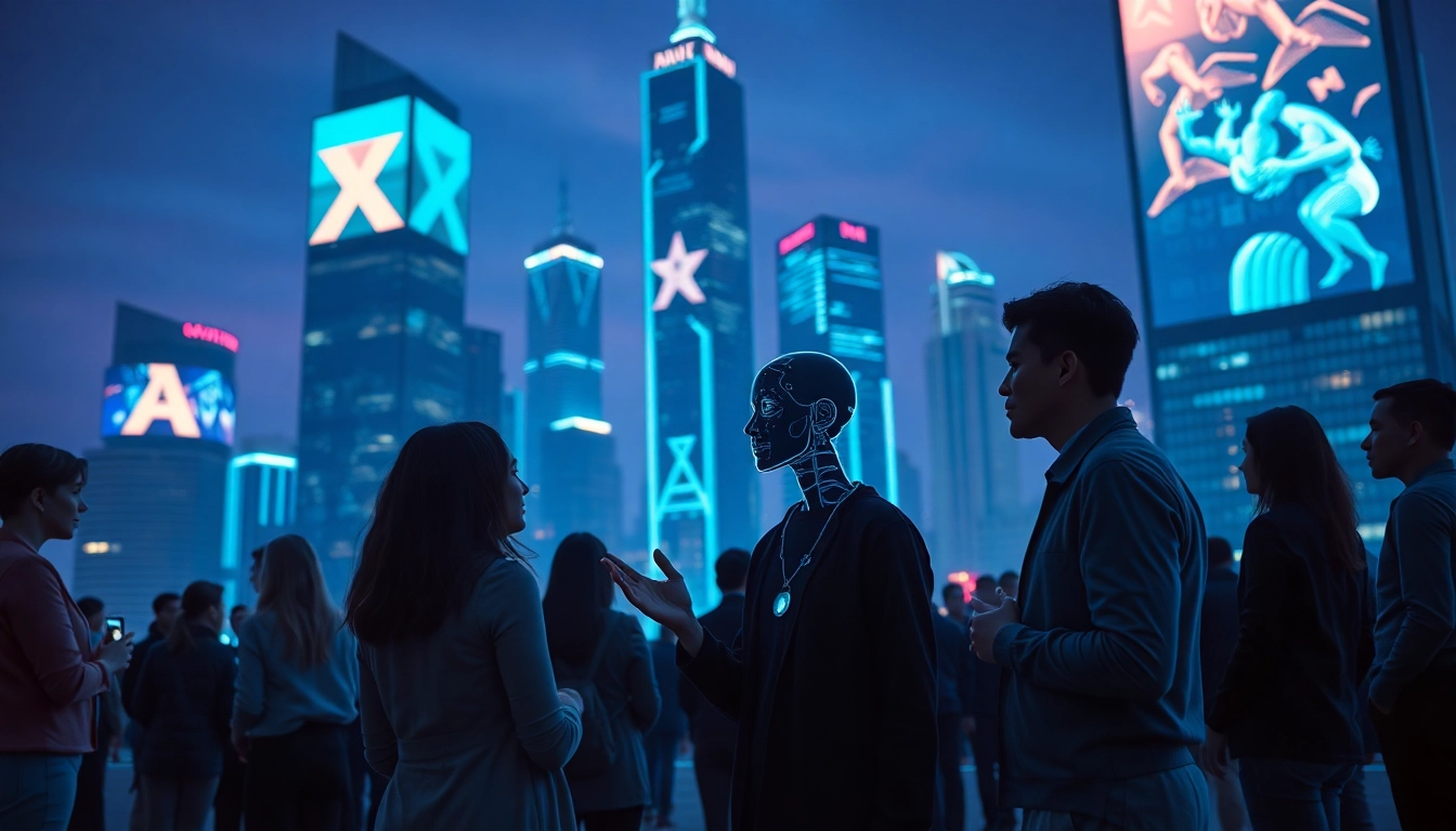 Engage with AI companion unlimited technology in a futuristic urban setting with diverse interactions.