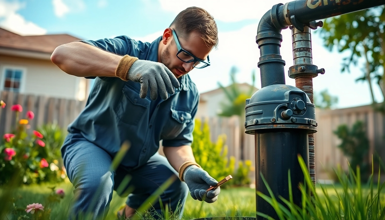 Performing well pump replacement by a skilled technician in a lush garden setting.