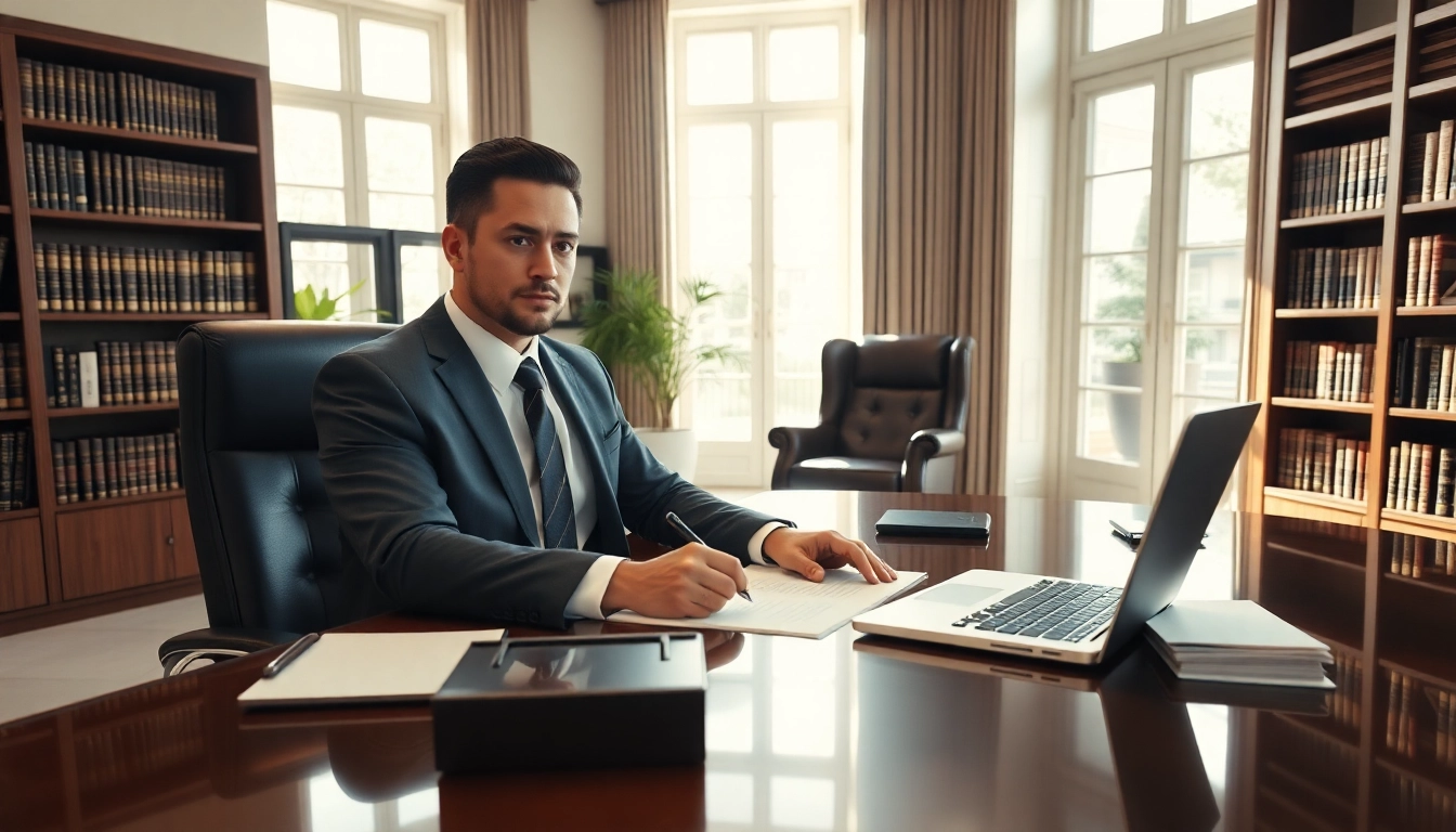 Eminent domain lawyer advising clients in a professional office environment, showcasing expertise.