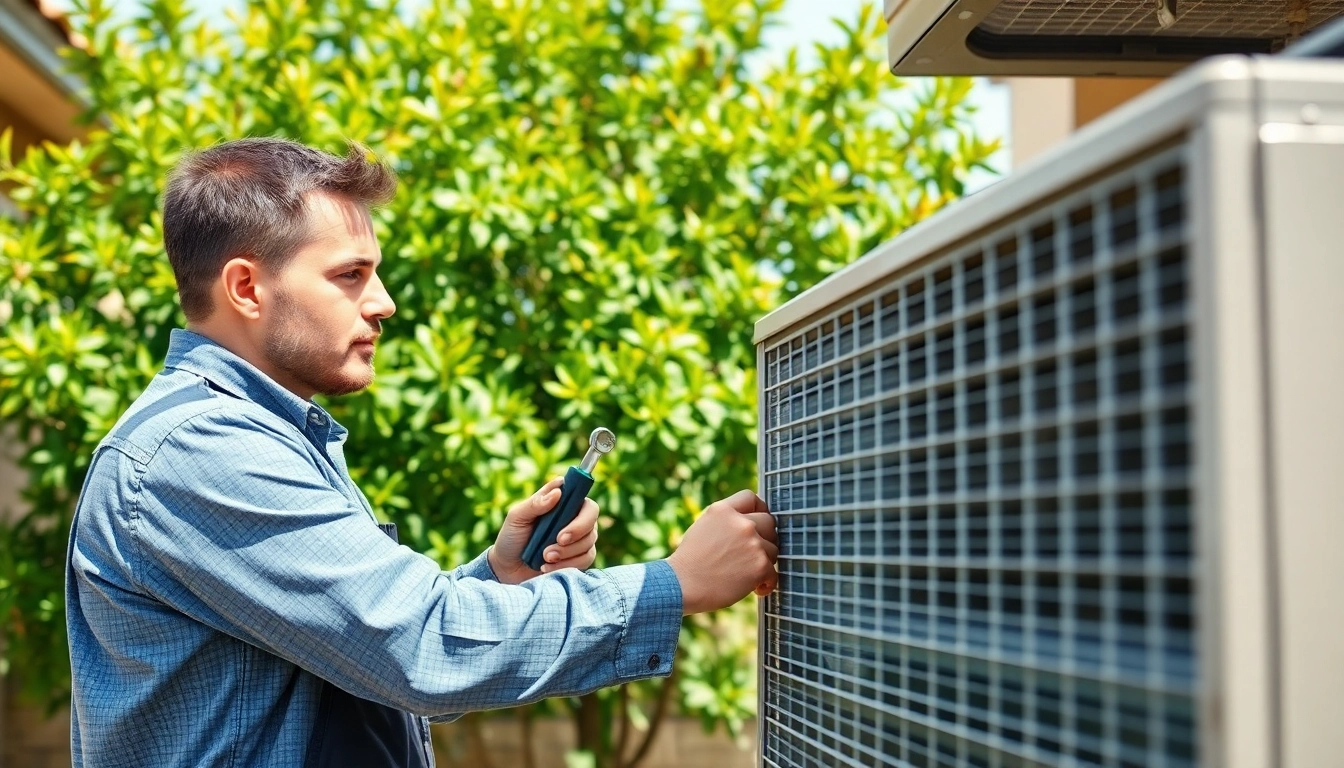 Service technician repairing scottsdale ac unit in a sunny backyard.