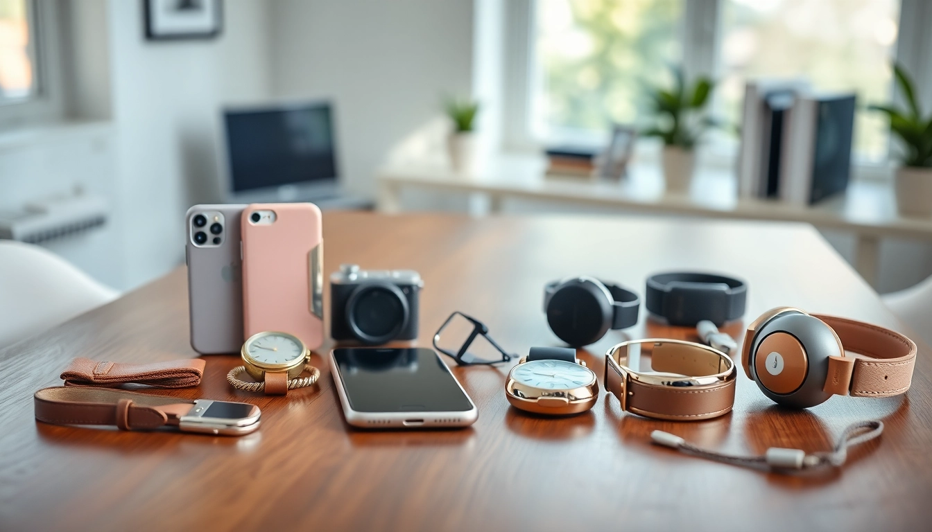 Showcase all Accessories elegantly presented on a wooden table, highlighting essential items.