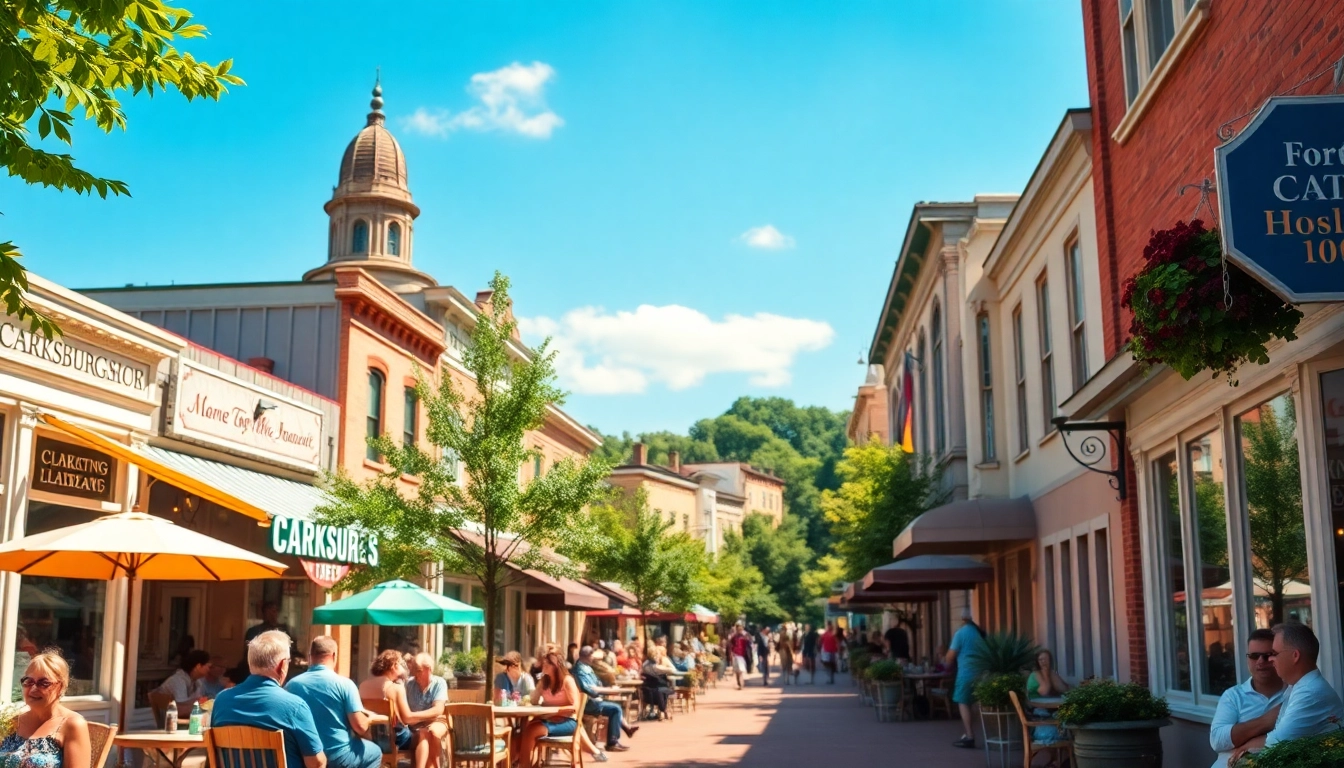 Experience the charm of Clarksburg with vibrant street life and historic architecture.