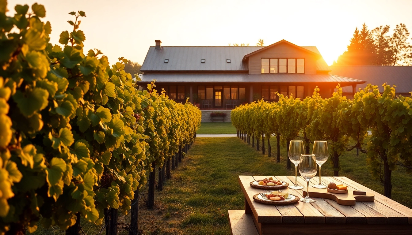 Sip wines at a picturesque winery Sacramento, featuring lush grapevines and a warm sunset atmosphere.