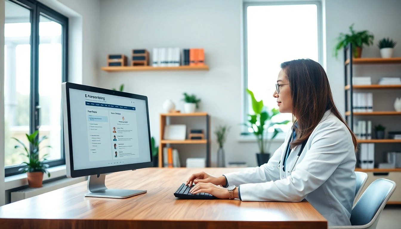 Engage with eprescribing software for small practices through a healthcare provider in a modern office.